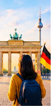 A newcomer with a German flag at the Brandenburg Gate